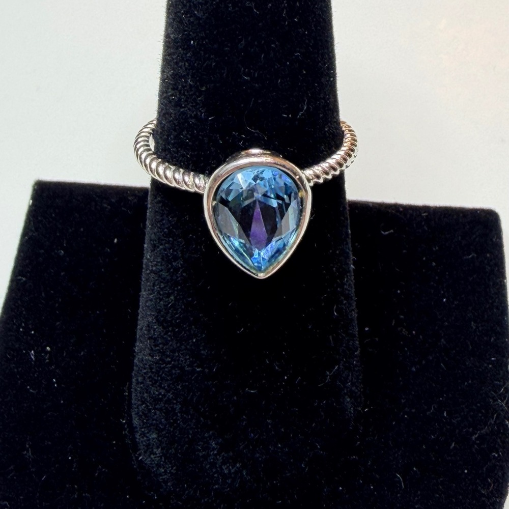 Fragrant Jewels 925 Sterling Silver Blue Pear Cut Stone Twisted Rope Ring Size 7